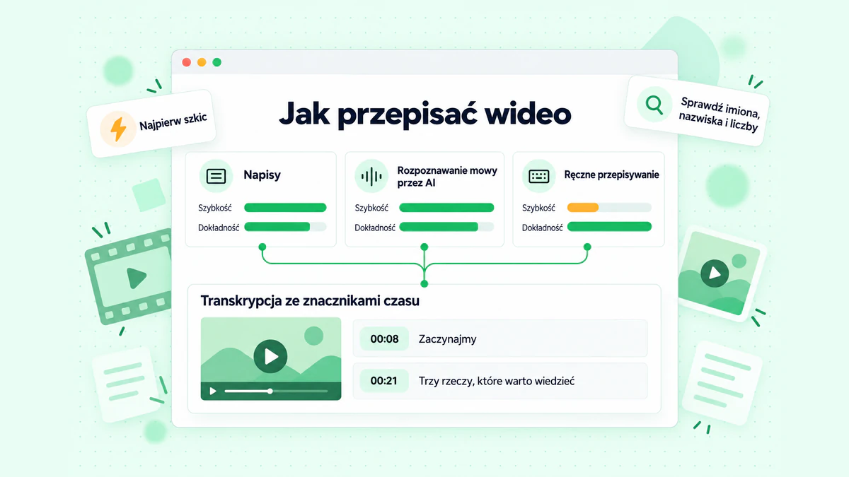 Jak dokonać transkrypcji wideo: porównanie napisów twórcy, rozpoznawania mowy przez AI i ręcznego przepisywania pod względem szybkości i dokładności