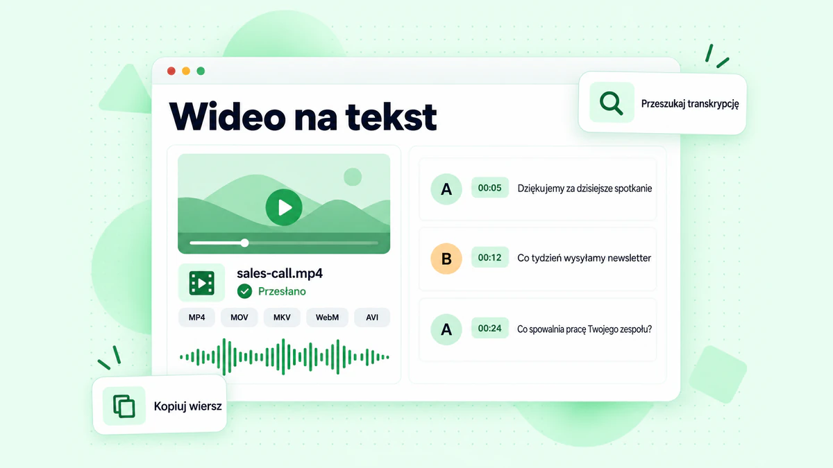Przekształcanie wideo na tekst z lokalnego pliku: przesłane nagranie spotkania w formacie MP4 zamienione na oznaczone znacznikami czasu wypowiedzi rozmówców, gotowe do eksportu