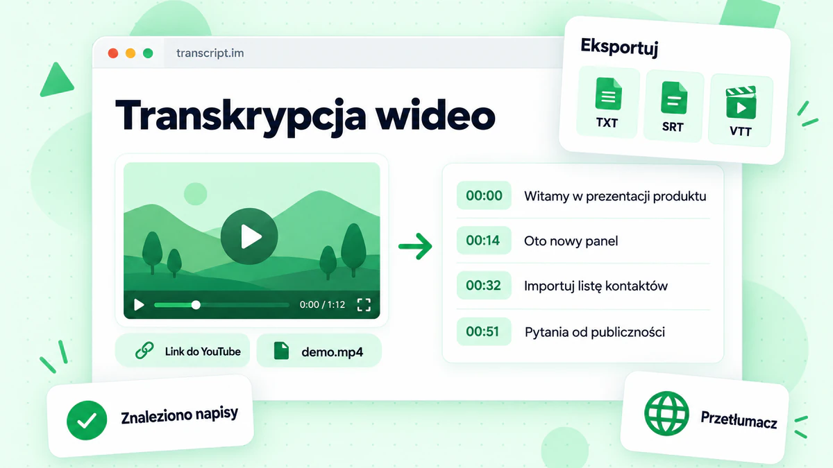 Panel transkrypcji wideo z odtwarzaczem, transkrypcją z oznaczeniami czasu i opcjami eksportu