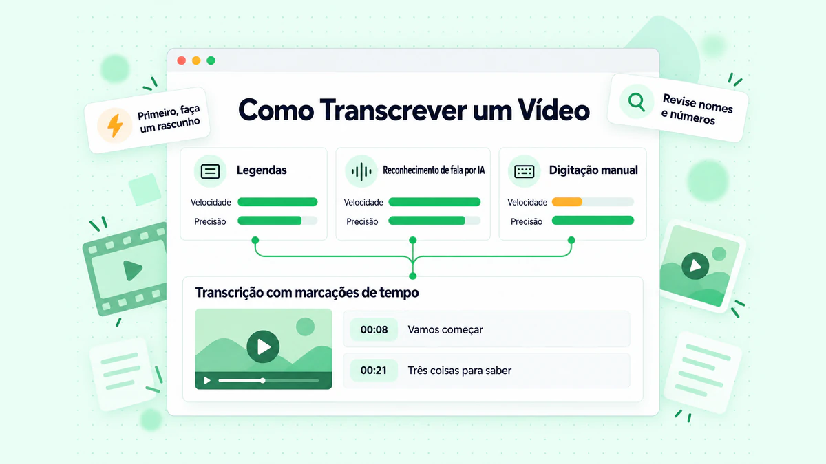 Como transcrever um vídeo: legendas do criador, reconhecimento de fala por IA e digitação manual comparados lado a lado em velocidade e precisão