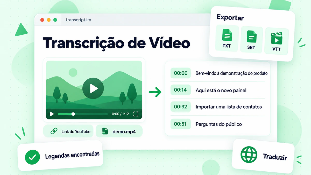 Painel de transcrição de vídeo exibindo um player de vídeo, transcrição com marcação de tempo e opções de exportação