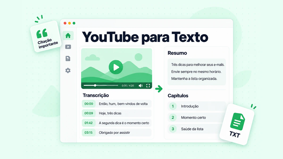YouTube para texto: uma transcrição com marcação de tempo, limpa em parágrafos legíveis, com resumo, capítulos e citações importantes destacados