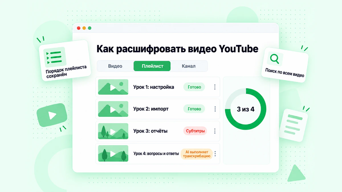 Как расшифровать ссылки на видео YouTube: одно видео, плейлист и канал в очереди, каждый транскрипт обозначен названием видео