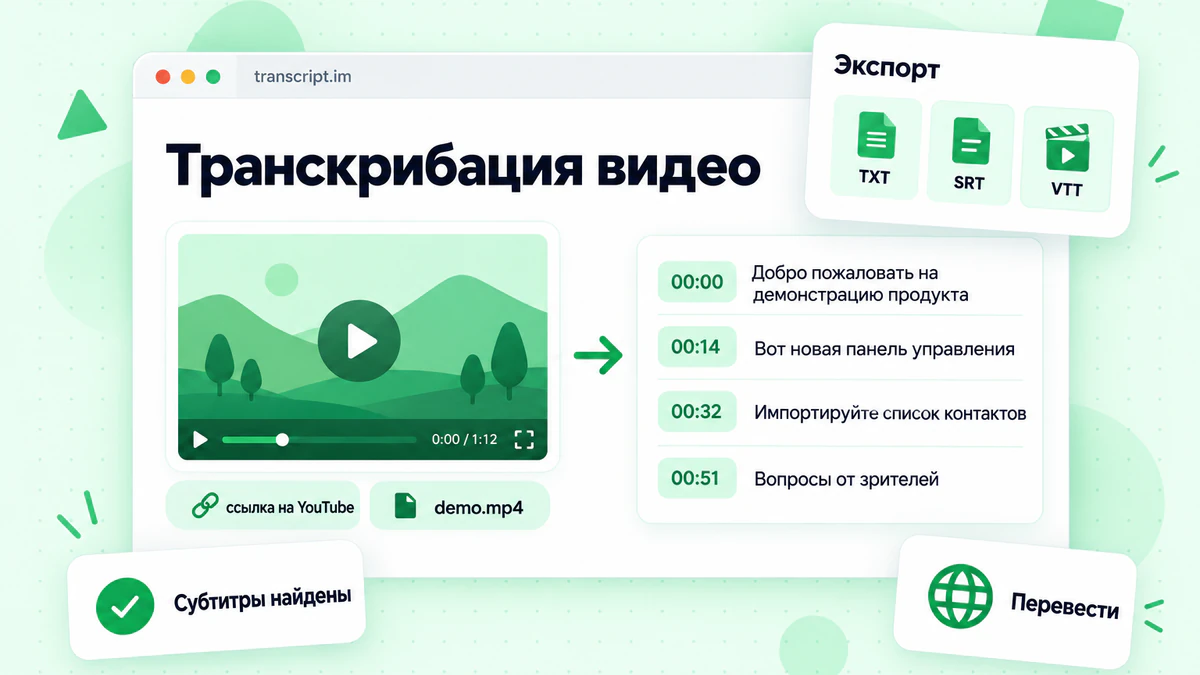 Транскрипция видео: ссылка на видео и файл MP4 превращаются в одну транскрипцию с временными метками и экспортом в TXT, SRT и VTT