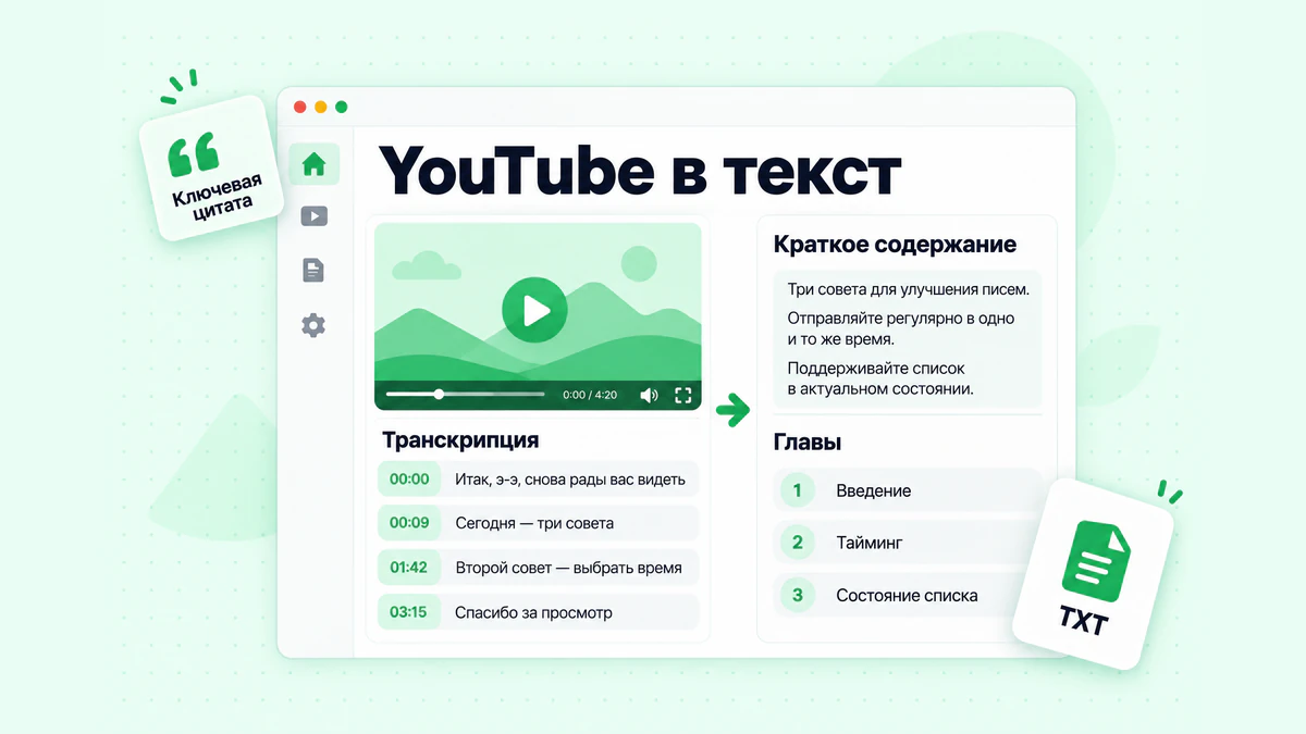 YouTube в текст: расшифровка с временными метками, очищенная до удобных для чтения абзацев, с выделенными кратким содержанием, главами и ключевыми цитатами