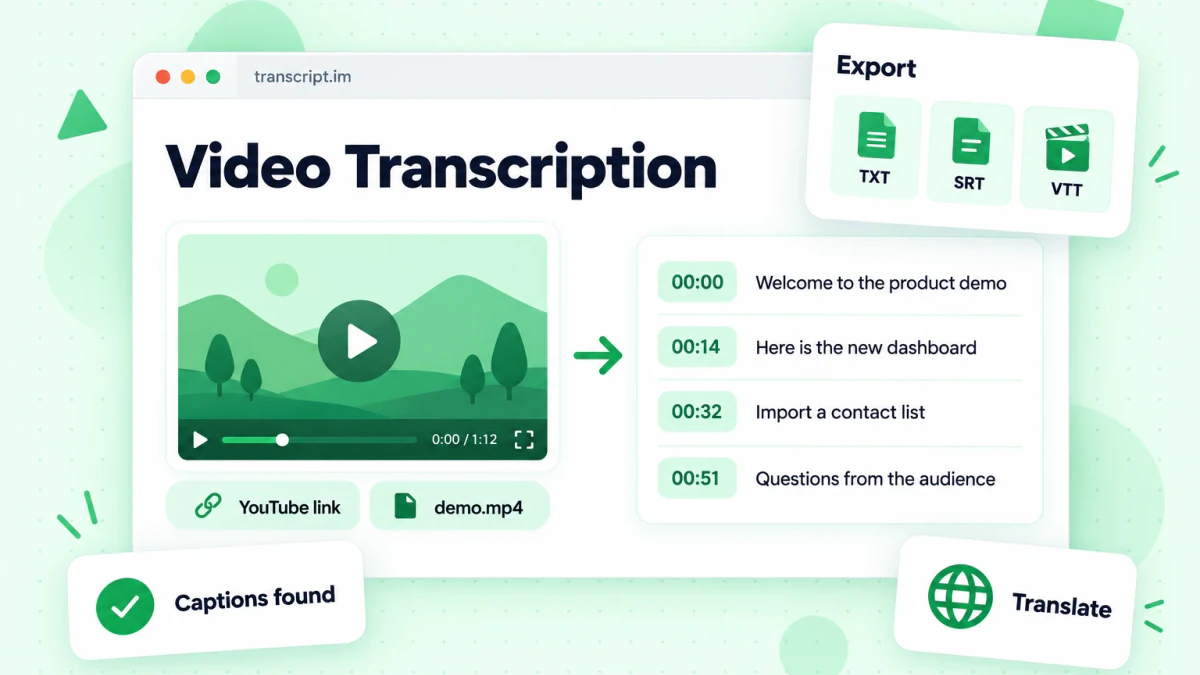 A video transcription dashboard showing a video player, timestamped transcript, and export options