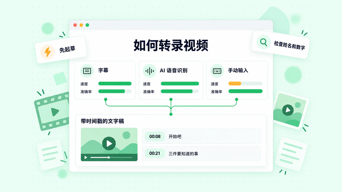 如何转录视频:创作者字幕、AI 语音识别和人工输入在速度与准确度方面的并排对比