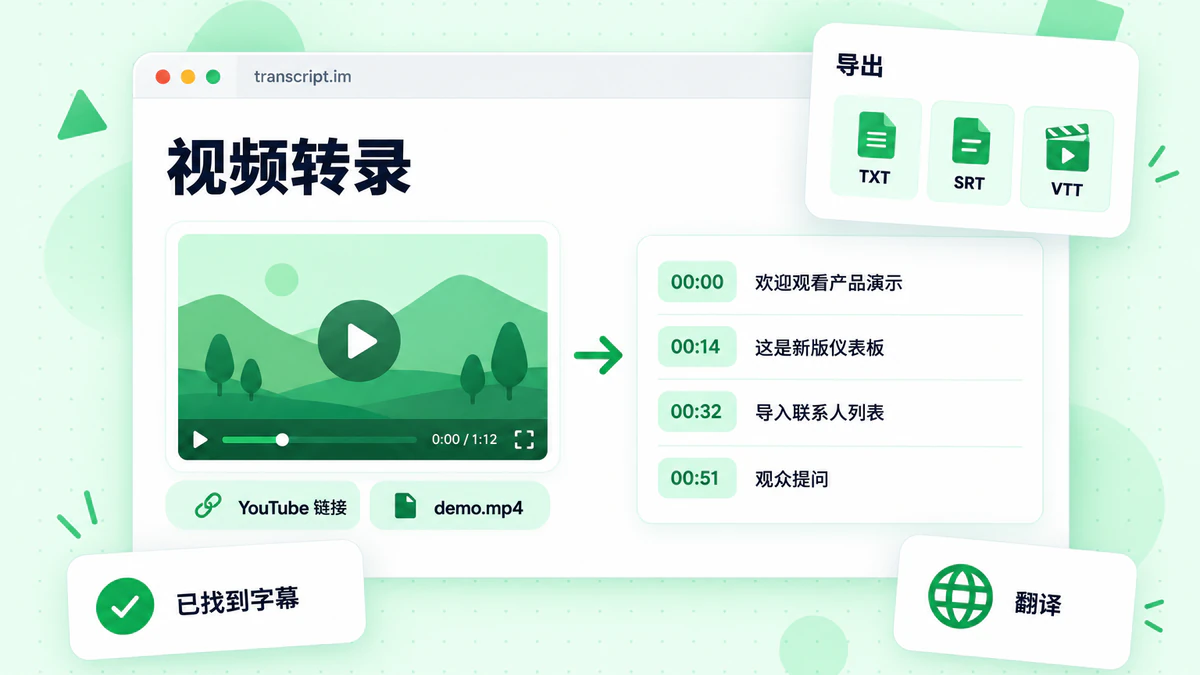 视频转录:视频链接和 MP4 文件转换为一个带时间戳的文字稿,并导出为 TXT、SRT 和 VTT 文件