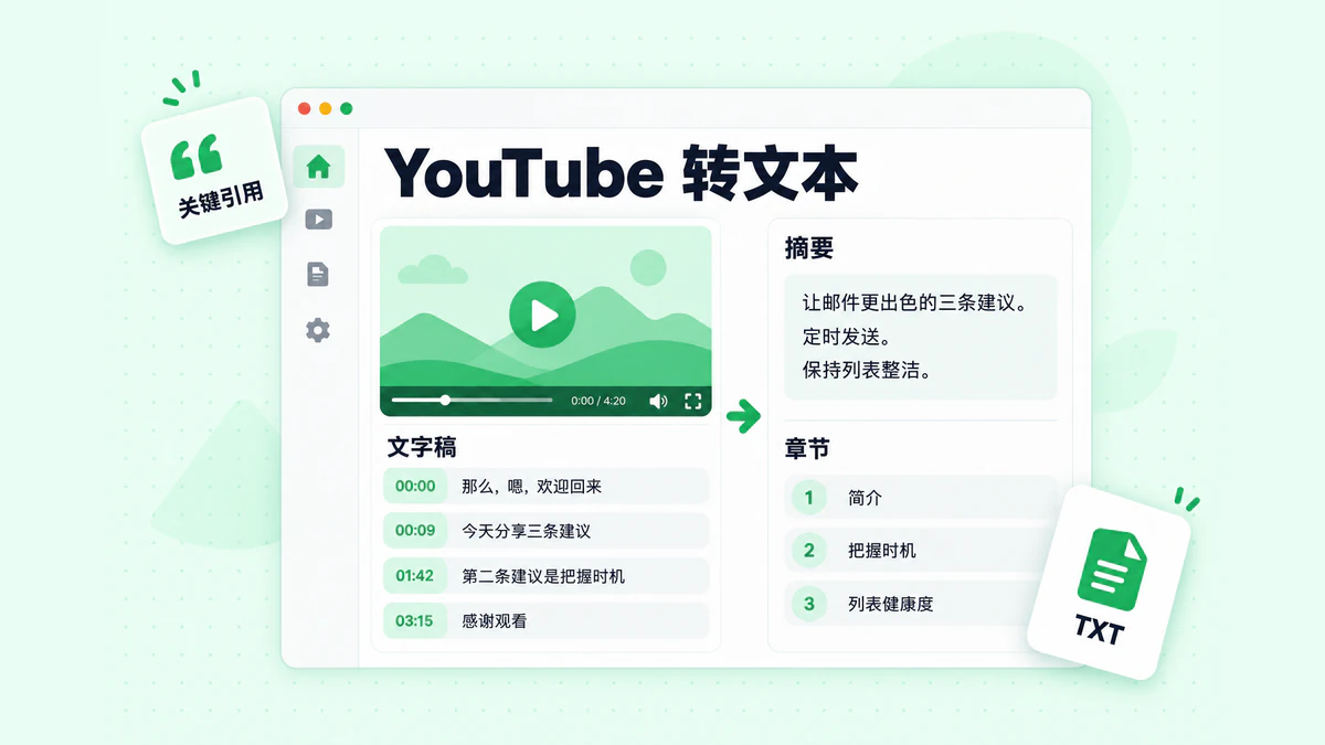 YouTube 转文本:将带时间戳的文字稿整理成易读段落,并突出显示摘要、章节和关键引用