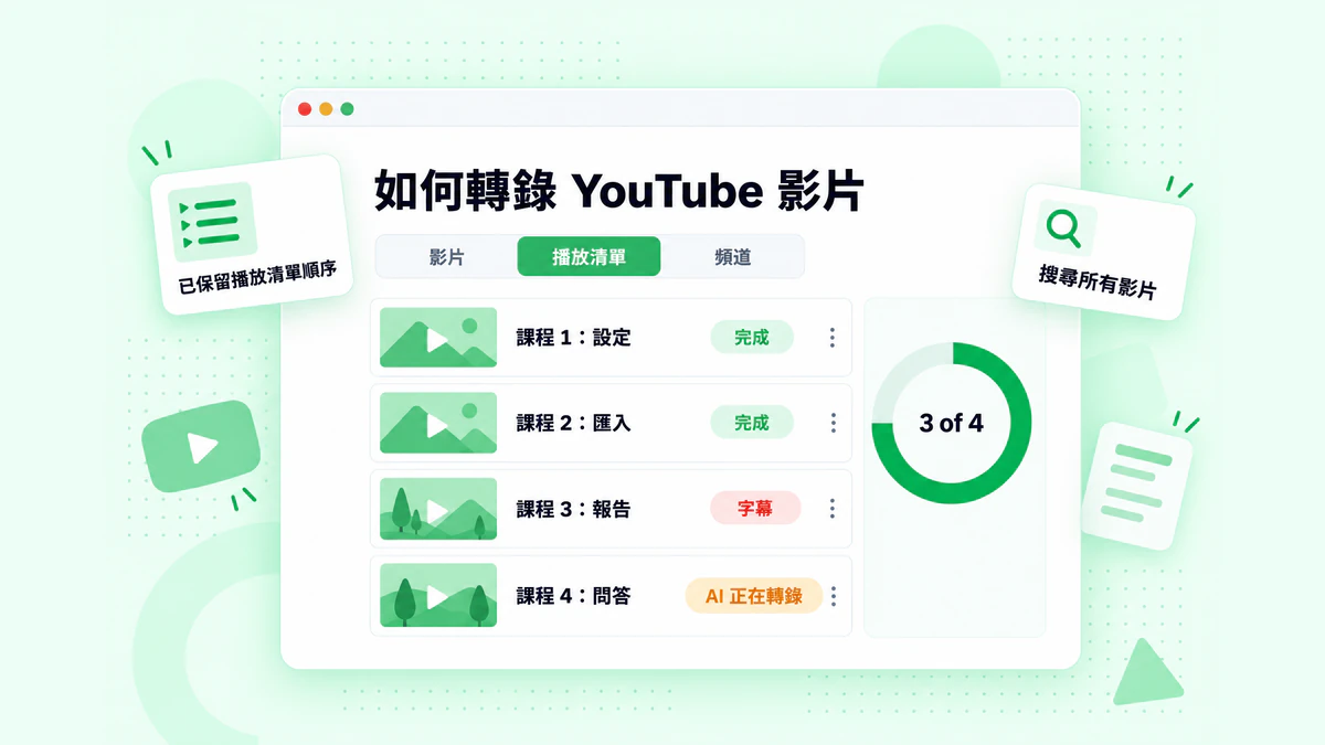 如何轉錄 YouTube 影片連結：單支影片、播放清單與頻道已排入佇列，每份轉錄內容都標示影片標題