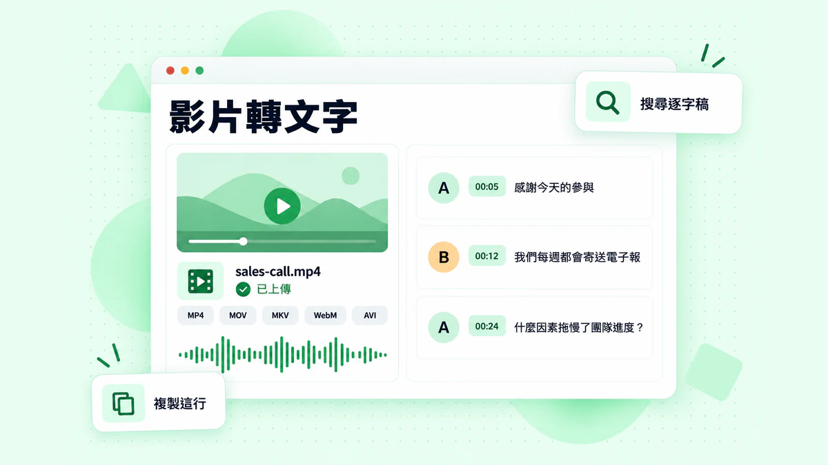 從本機檔案將影片轉換為文字：上傳的 MP4 會議錄影已轉換為帶有時間戳記、可供匯出的講者逐句內容