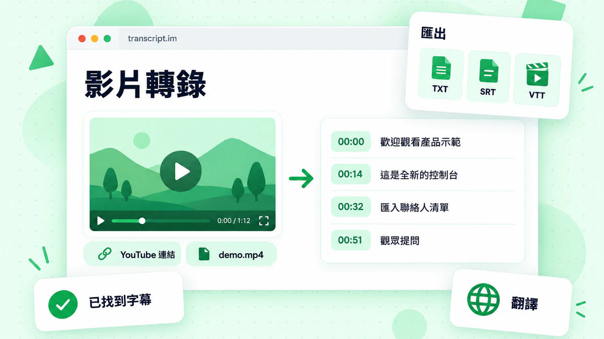 影片轉錄儀表板，顯示影片播放器、含時間戳記的逐字稿與匯出選項