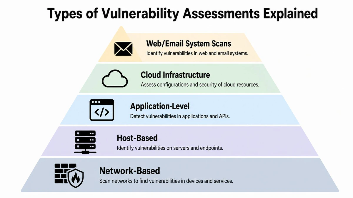 A pyramid diagram explaining the five main types of cybersecurity vulnerability assessments for organizational infrastructure.