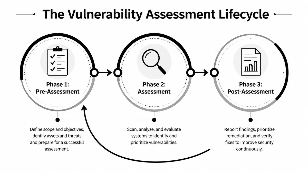 A diagram illustrating the three phases of the vulnerability assessment lifecycle: pre-assessment, assessment, and post-assessment.