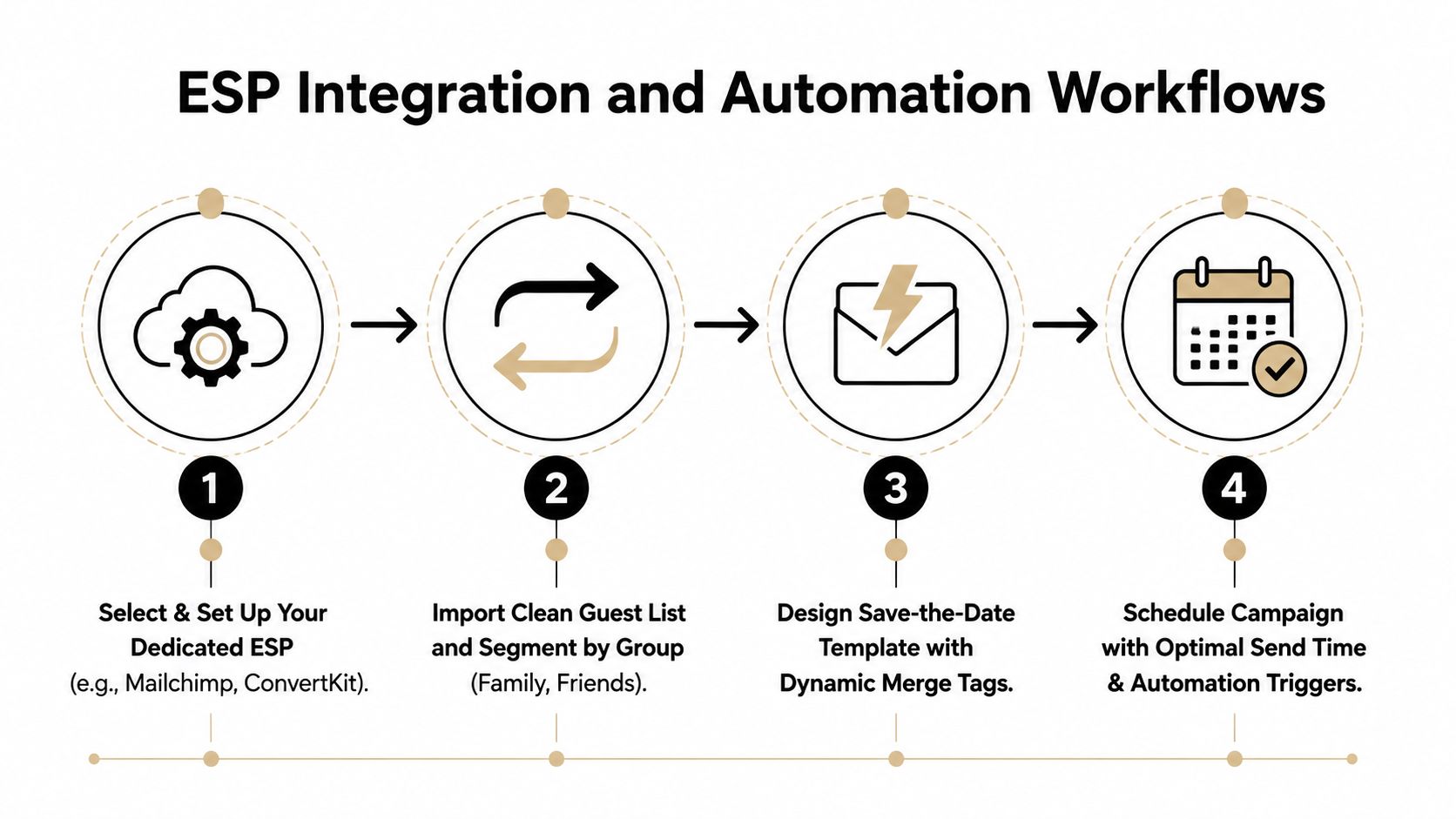 A four-step infographic illustrating the workflow for setting up wedding save-the-date email automation and integrations.