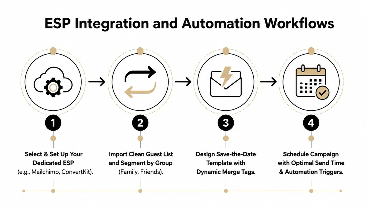 A four-step infographic illustrating the workflow for setting up wedding save-the-date email automation and integrations.