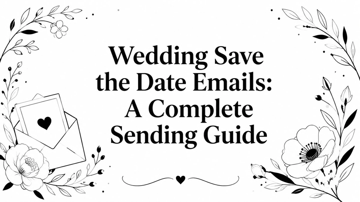 Title card reading Wedding Save the Date Emails: A Complete Sending Guide, with flowers and an envelope