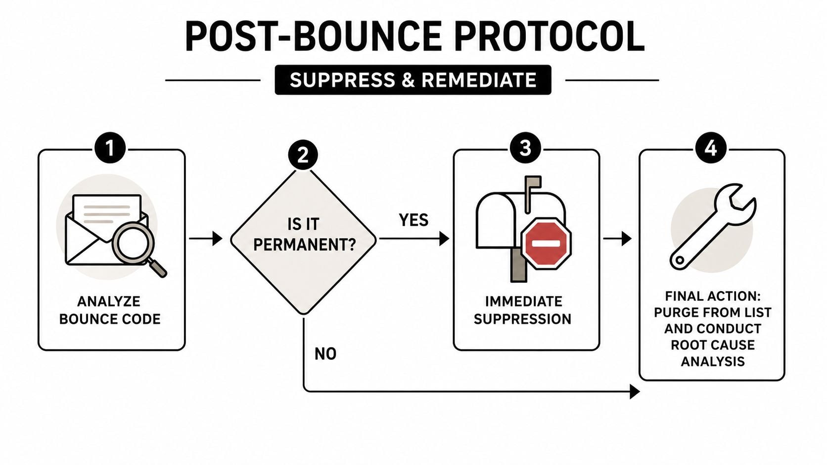 A four-step flowchart diagram illustrating the post-bounce protocol process for analyzing and remediating email bounce codes.
