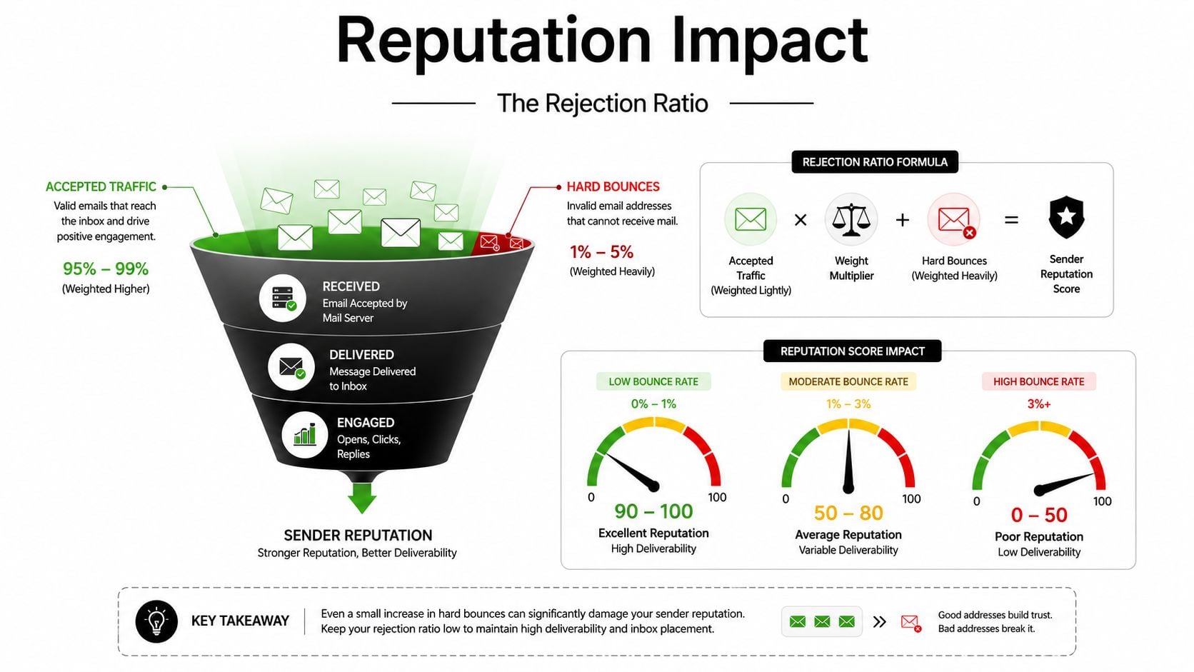 A diagram explaining how hard bounce email rates affect sender reputation, deliverability, and overall email marketing performance.