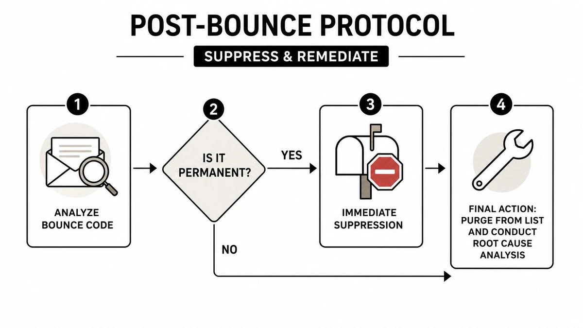 A four-step flowchart diagram illustrating the post-bounce protocol process for analyzing and remediating email bounce codes.