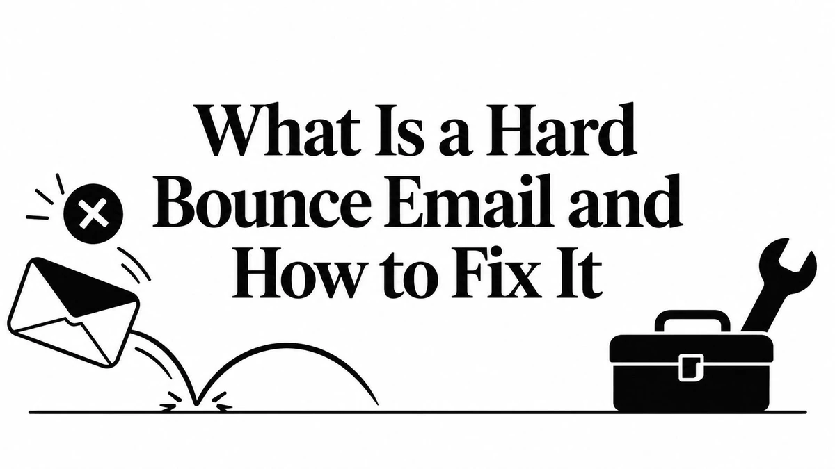 Title card on what is a hard bounce email and how to fix it, with a bouncing envelope and toolbox