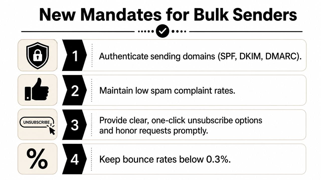 A list of four new email authentication and compliance mandates required for bulk email senders.