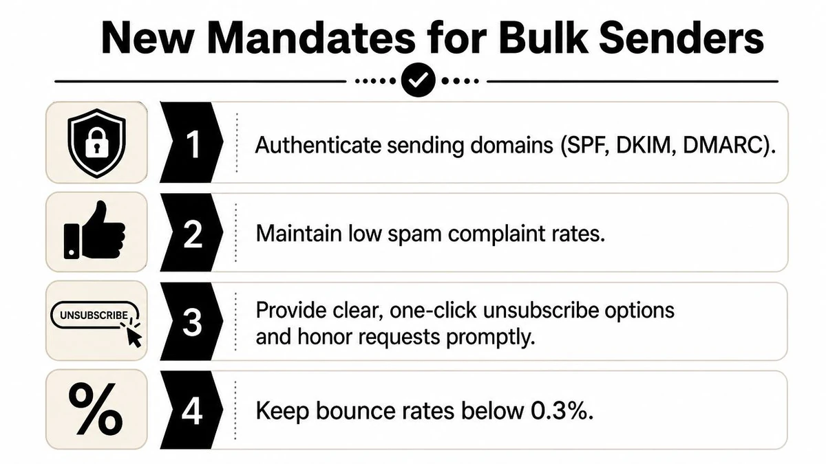 A list of four new email authentication and compliance mandates required for bulk email senders.