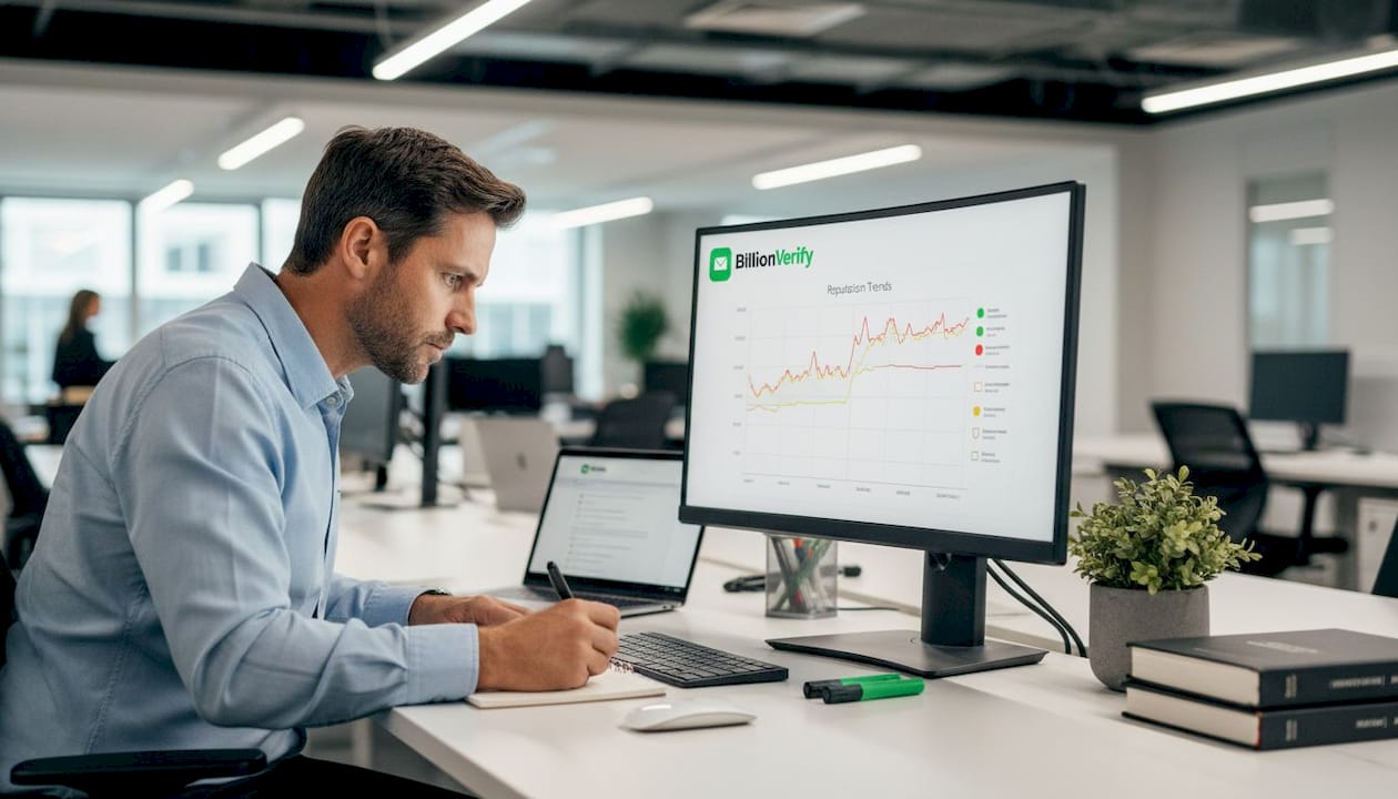 Man reviewing sender reputation report at desk