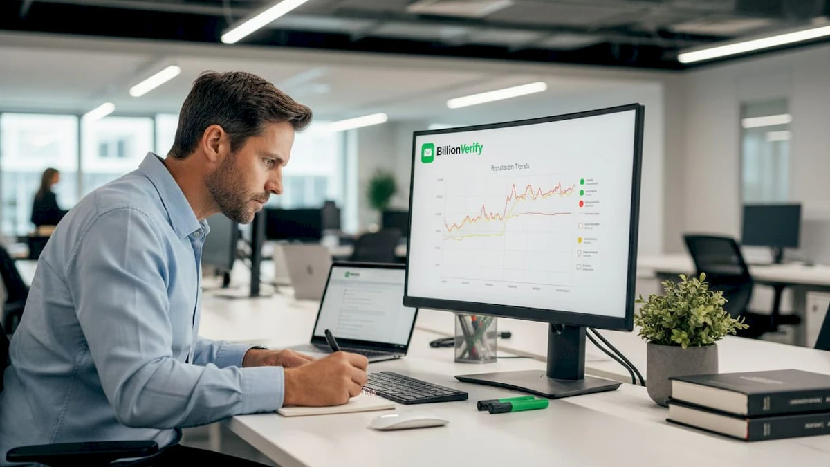 Man reviewing sender reputation report at desk
