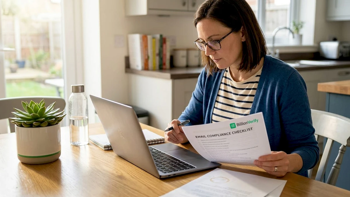 Woman in glasses at a kitchen table reading a printed email compliance checklist beside her laptop