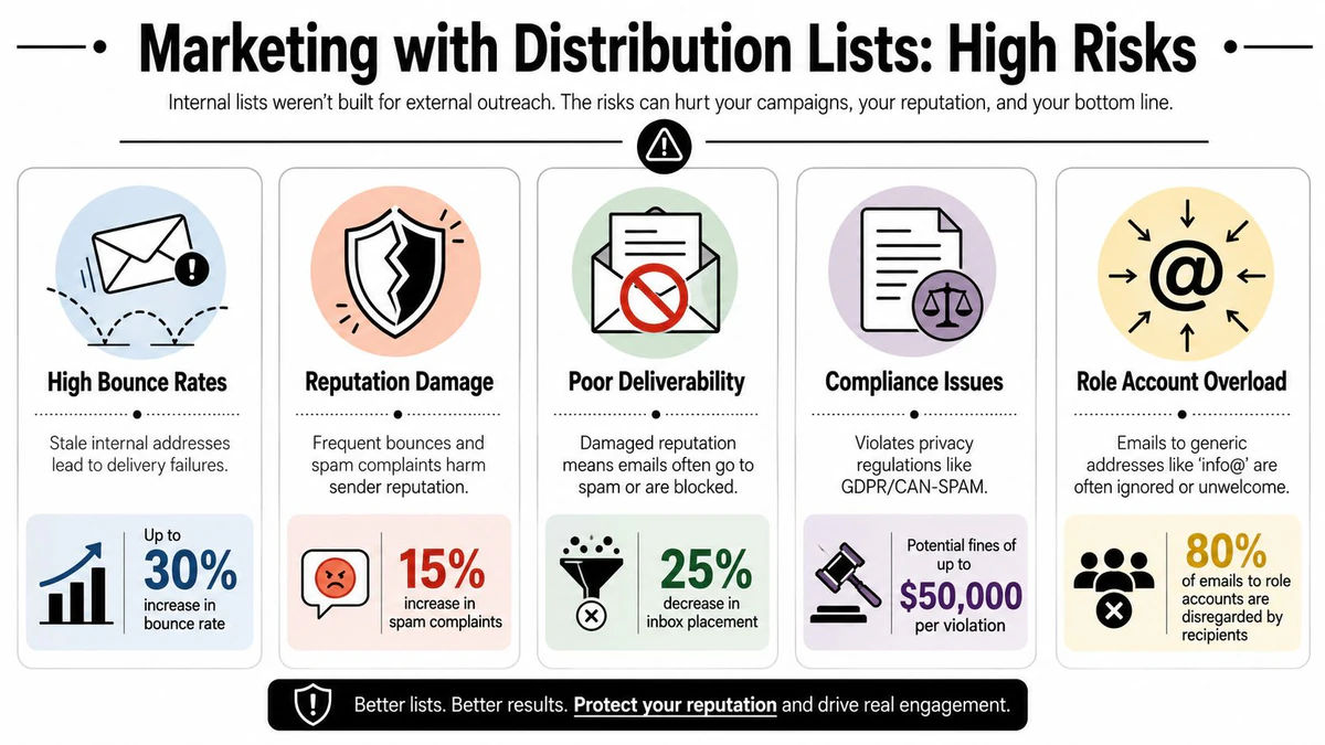 An infographic detailing the five major marketing risks associated with using internal distribution lists for external outreach campaigns.