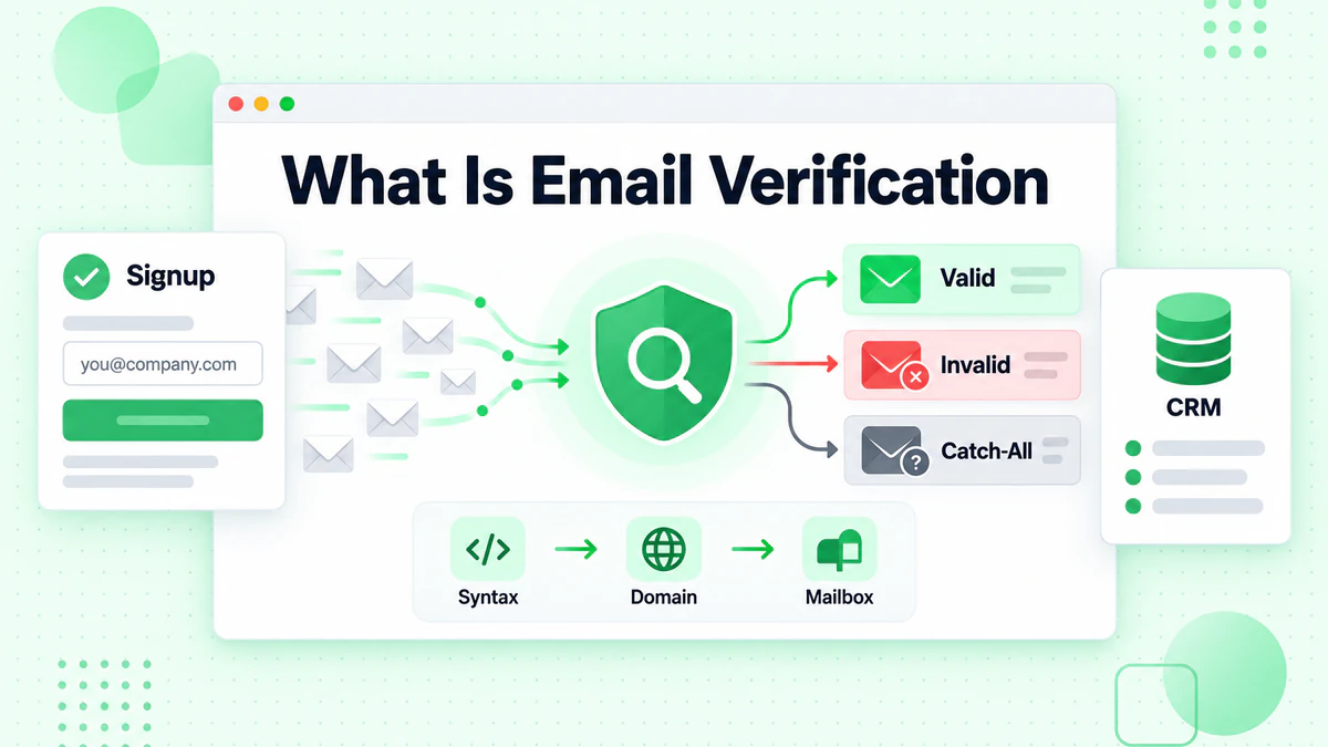 What is email verification: envelopes screened by syntax, domain and mailbox checks into valid or invalid