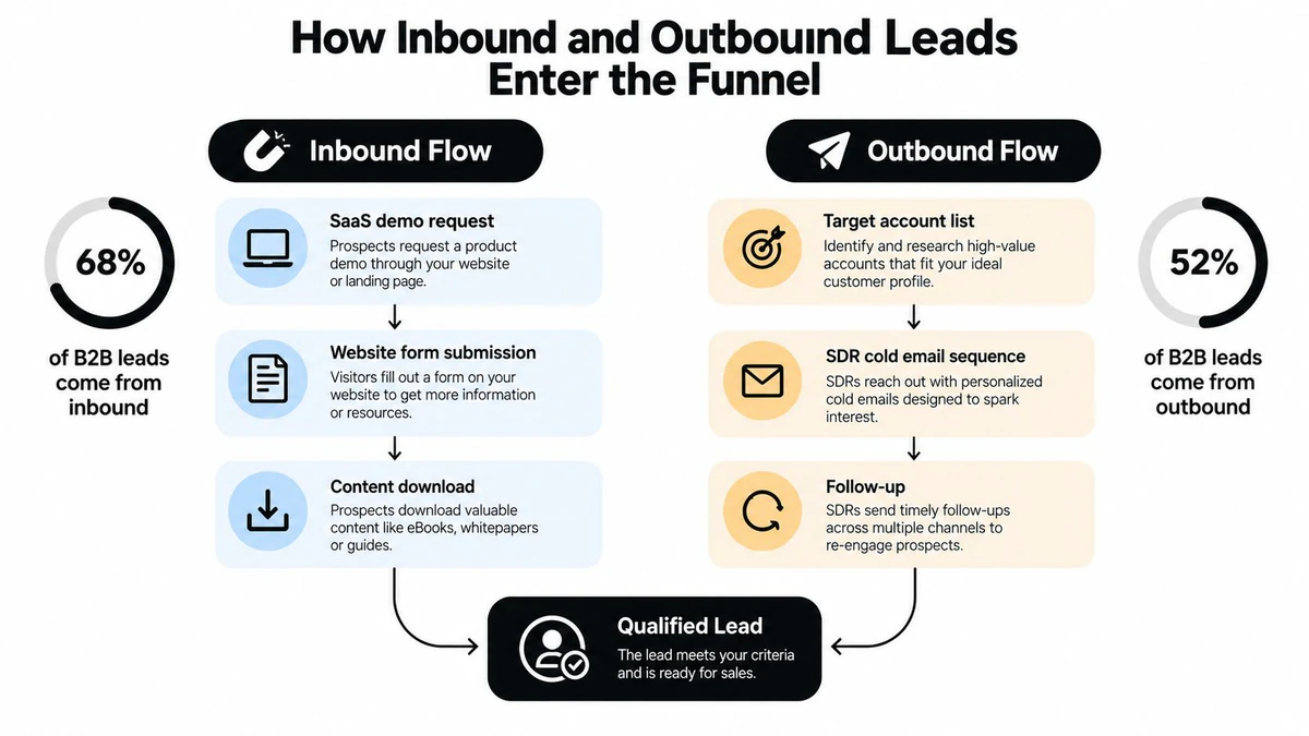 A diagram comparing inbound and outbound lead generation strategies for B2B sales and marketing funnels.