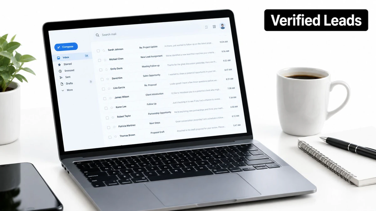 A modern laptop on a desk showing an email inbox with a list of verified leads.