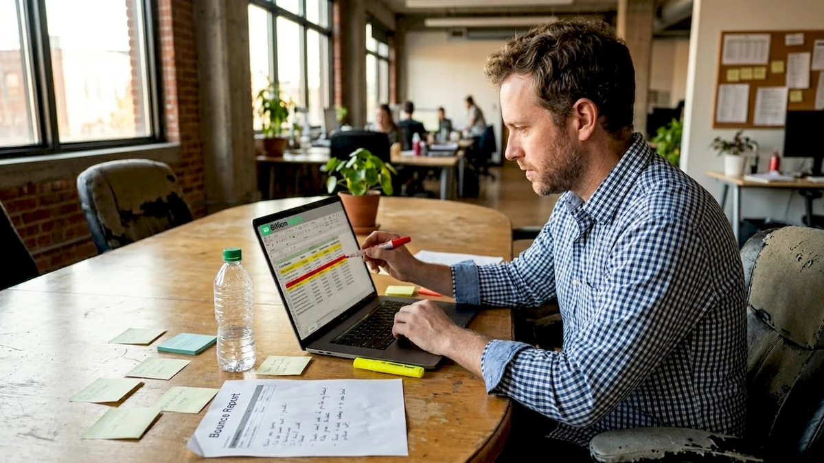 Man reviewing outdated email contact spreadsheet