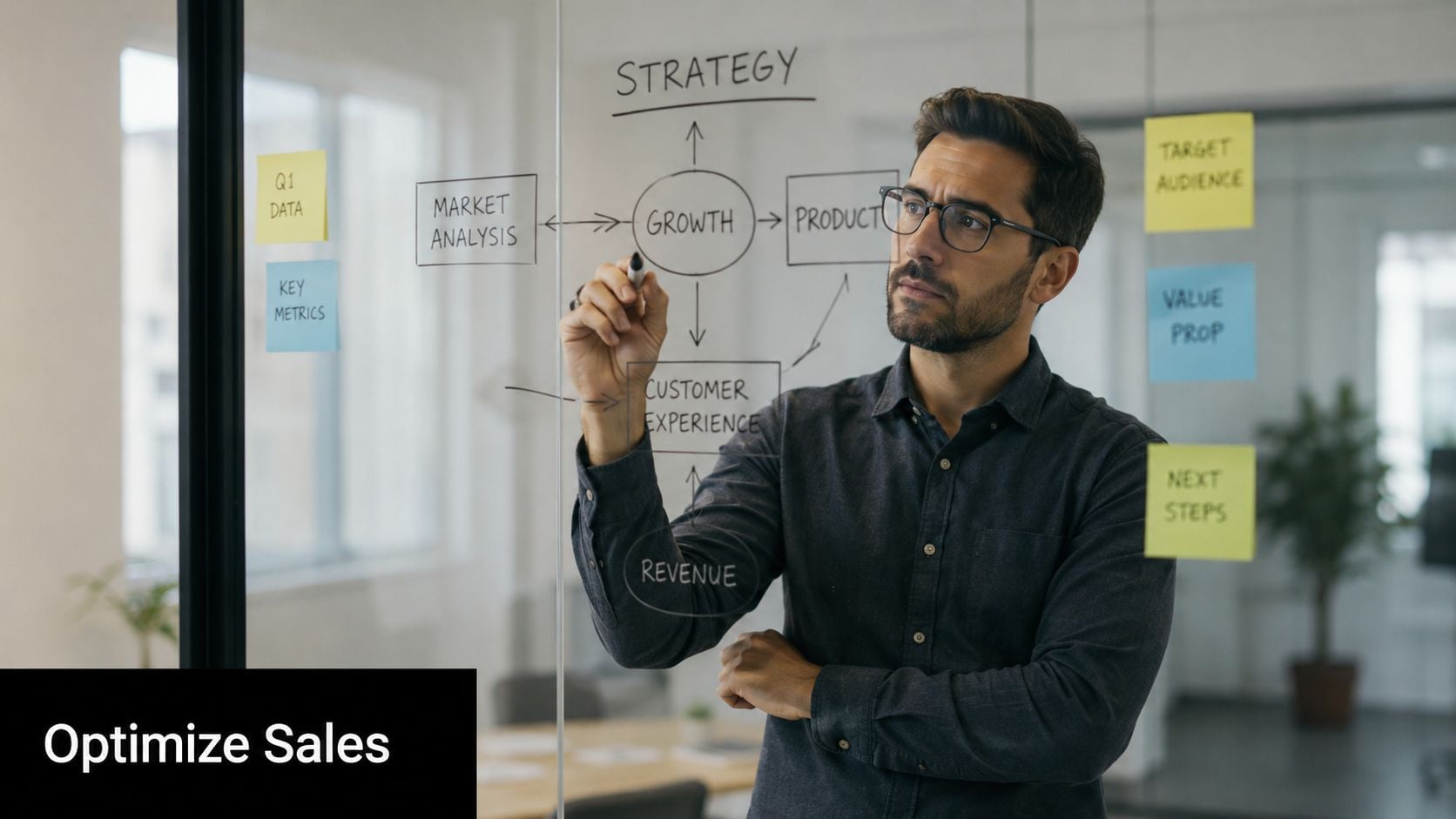 A professional man drawing a strategy flowchart on a glass board in a modern office environment.