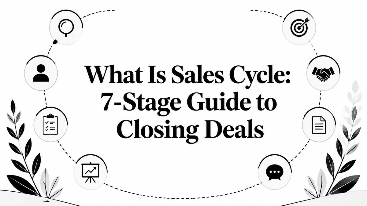Title card reading What Is Sales Cycle: 7-Stage Guide to Closing Deals, ringed by stage icons