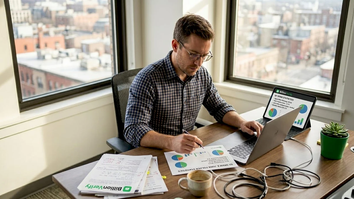 Man in glasses at a window desk reviewing printed charts and a laptop to gauge sender reputation