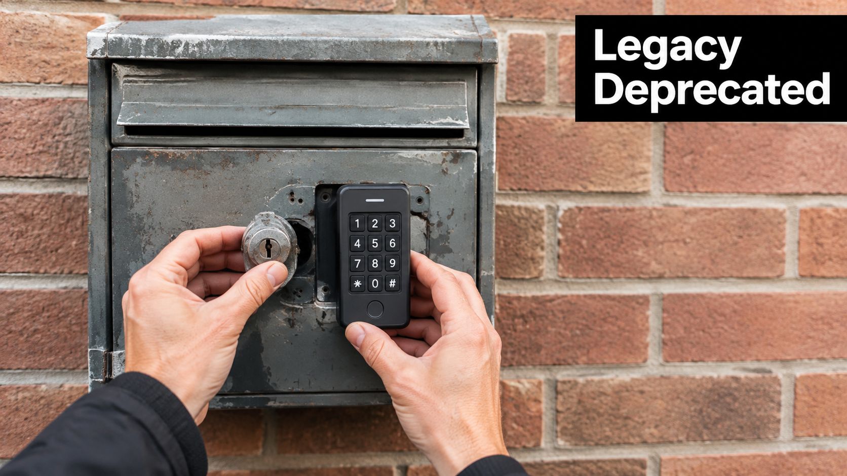 A person replaces an old mailbox lock mechanism with a modern electronic keypad entry system.