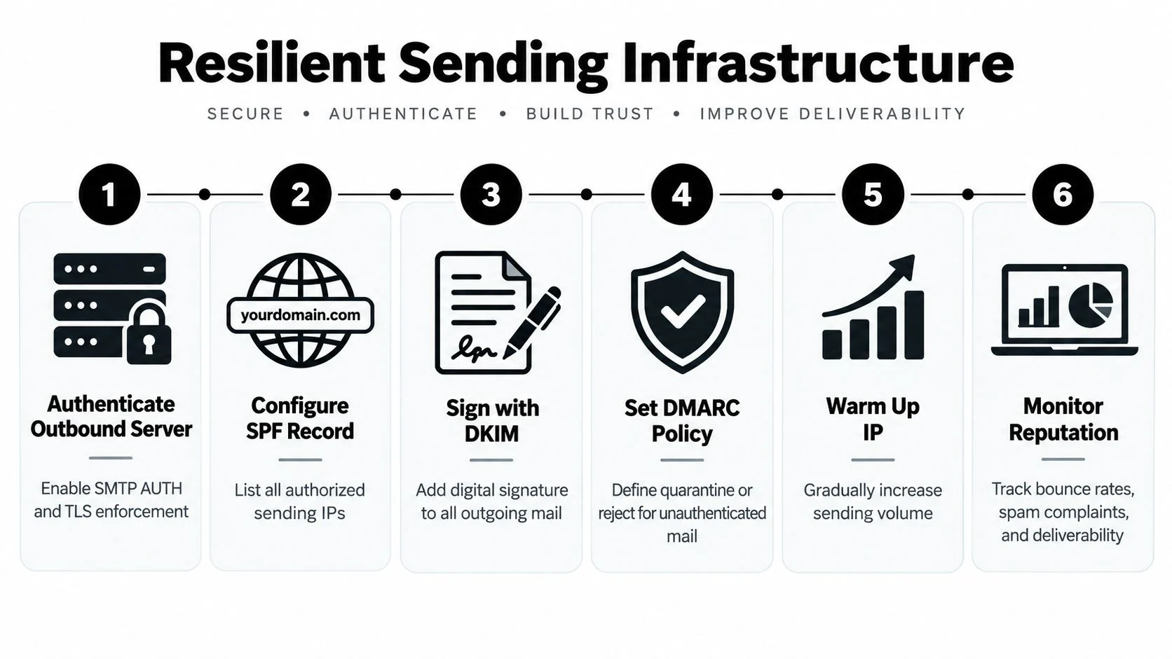 A step-by-step infographic showing six essential practices for building a secure and resilient email sending infrastructure.