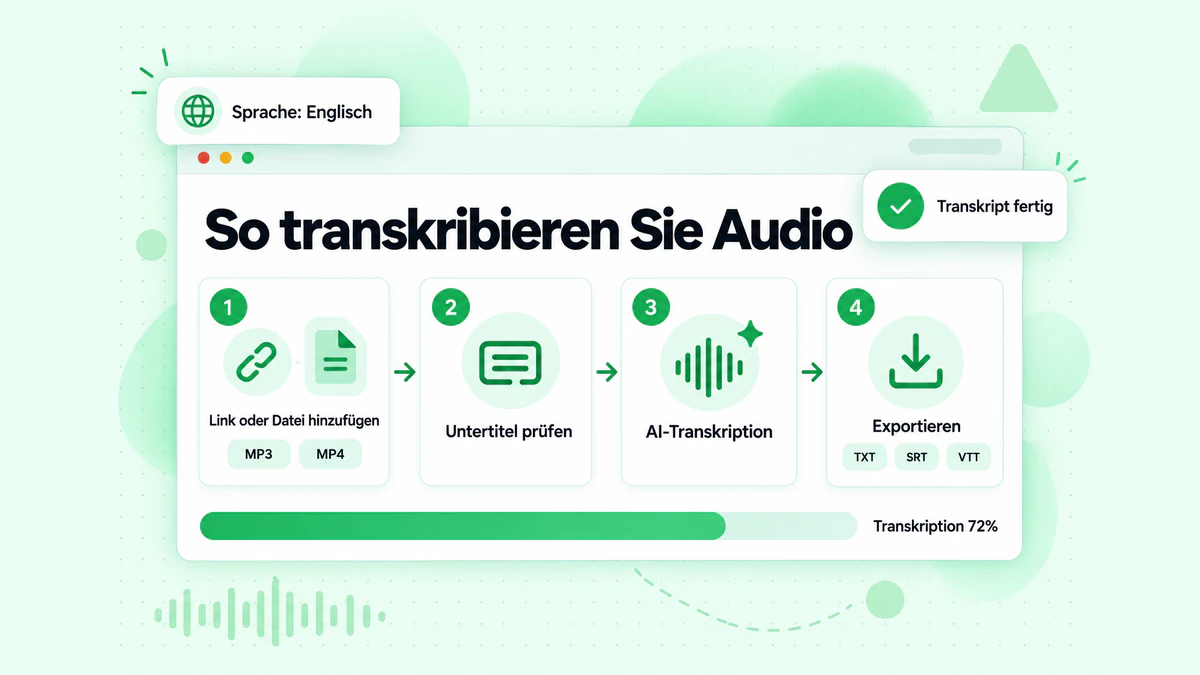So transkribieren Sie Audio: Ein Link oder eine Datei wird eingefügt, Untertitel werden geprüft, AI transkribiert das Audio und ein Transkript mit Zeitstempeln wird ausgegeben