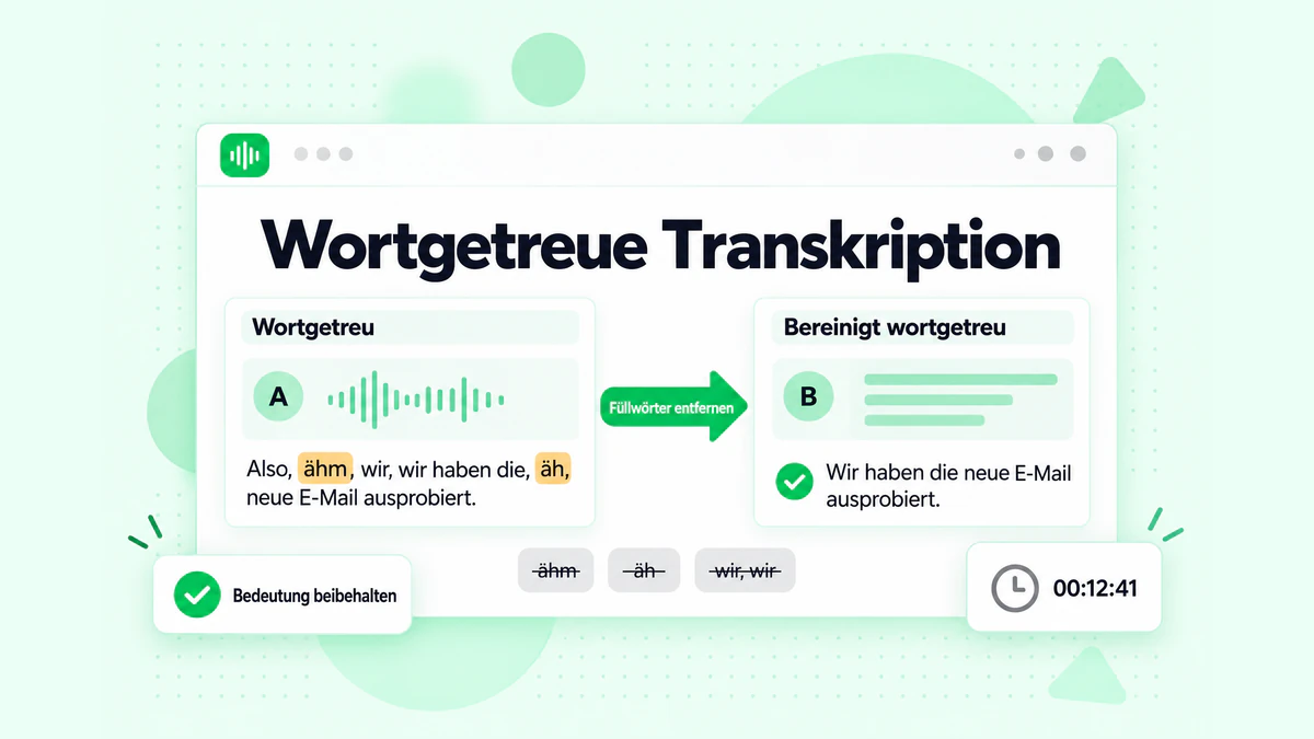 Wortgetreue Transkription im Vergleich zur bereinigten wortgetreuen Transkription: derselbe Satz mit Füllwörtern und Satzabbrüchen, danach die bereinigte Version