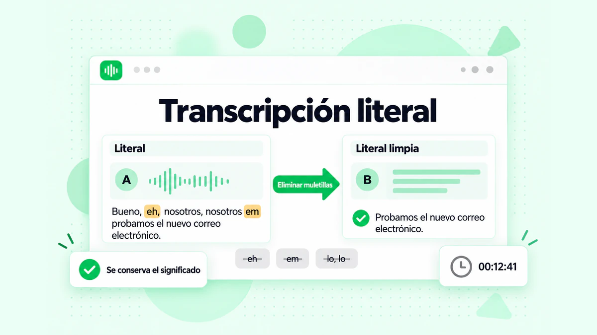 Transcripción literal comparada con una literal limpia: la misma frase con muletillas y comienzos en falso, seguida de la versión depurada