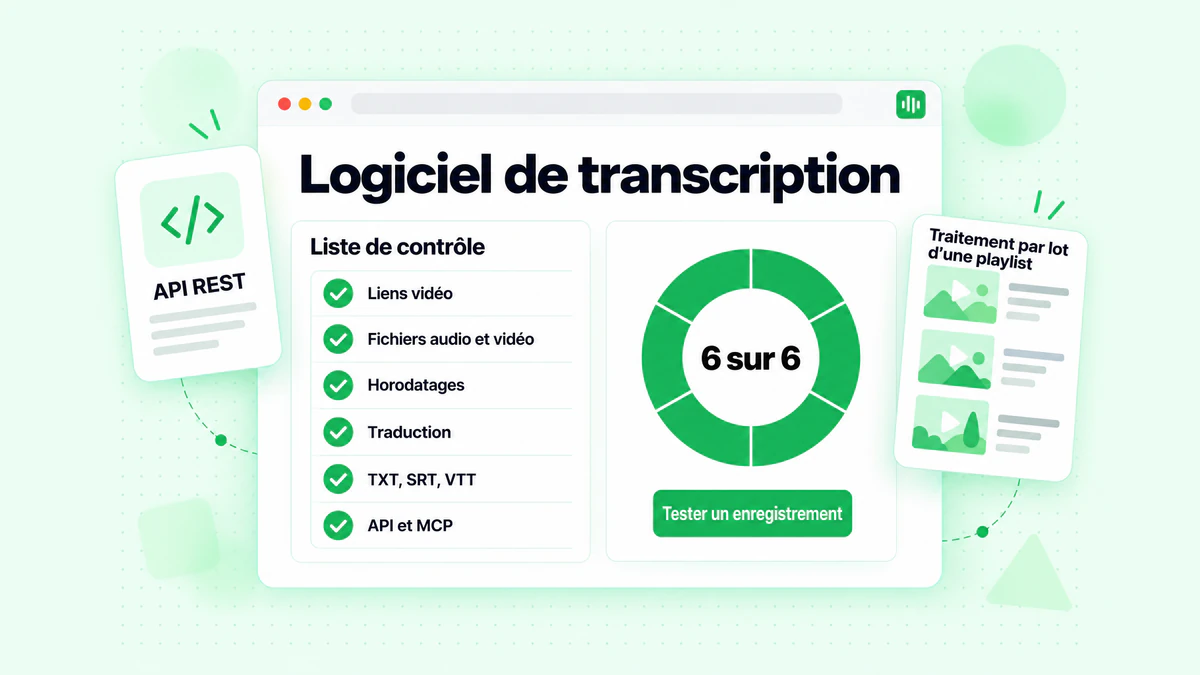 Liste de contrôle des logiciels de transcription : sources, formats de fichiers, horodatages, langues, options d’exportation et accès à l’API