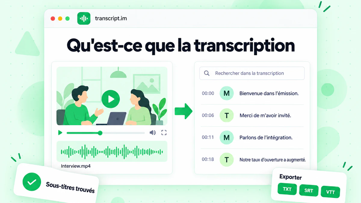 Qu’est-ce que la transcription : un enregistrement transformé en transcript horodaté avec les interventions des locuteurs, des formats d’exportation et une barre de recherche