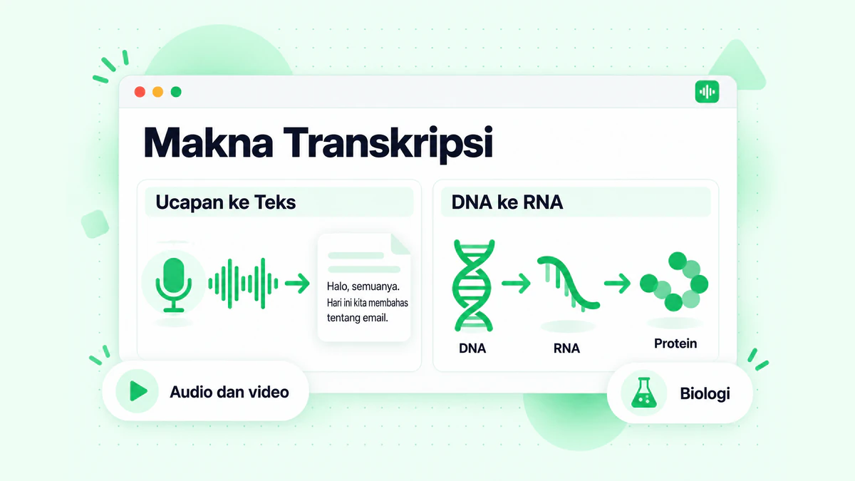 Makna transkripsi: satu panel menunjukkan ucapan yang diubah menjadi teks tertulis, panel kedua menunjukkan DNA yang disalin menjadi RNA