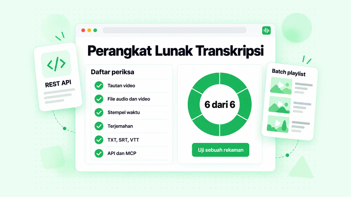 Daftar periksa perangkat lunak transkripsi: sumber, format file, stempel waktu, bahasa, opsi ekspor, dan akses API