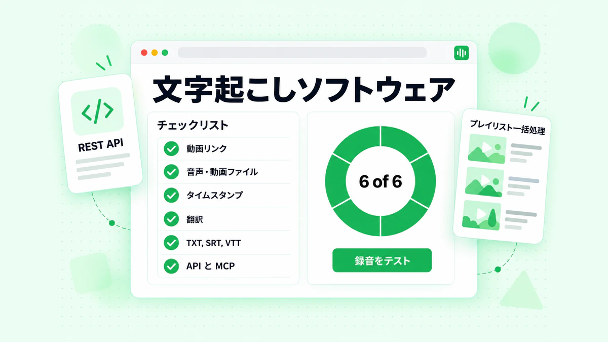 文字起こしソフトウェアのチェックリスト：ソース、ファイル形式、タイムスタンプ、言語、エクスポートオプション、API アクセス
