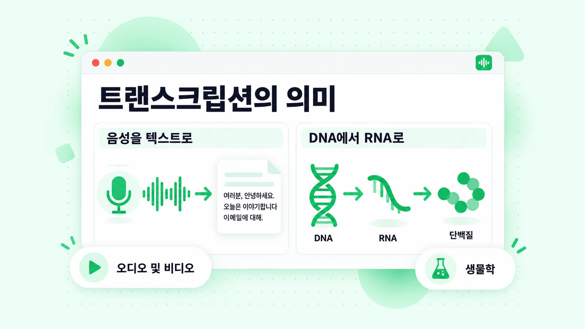 Transcription의 의미: 한 패널에는 음성이 글로 변환되는 모습이, 두 번째 패널에는 DNA가 RNA로 복사되는 모습이 표시됨