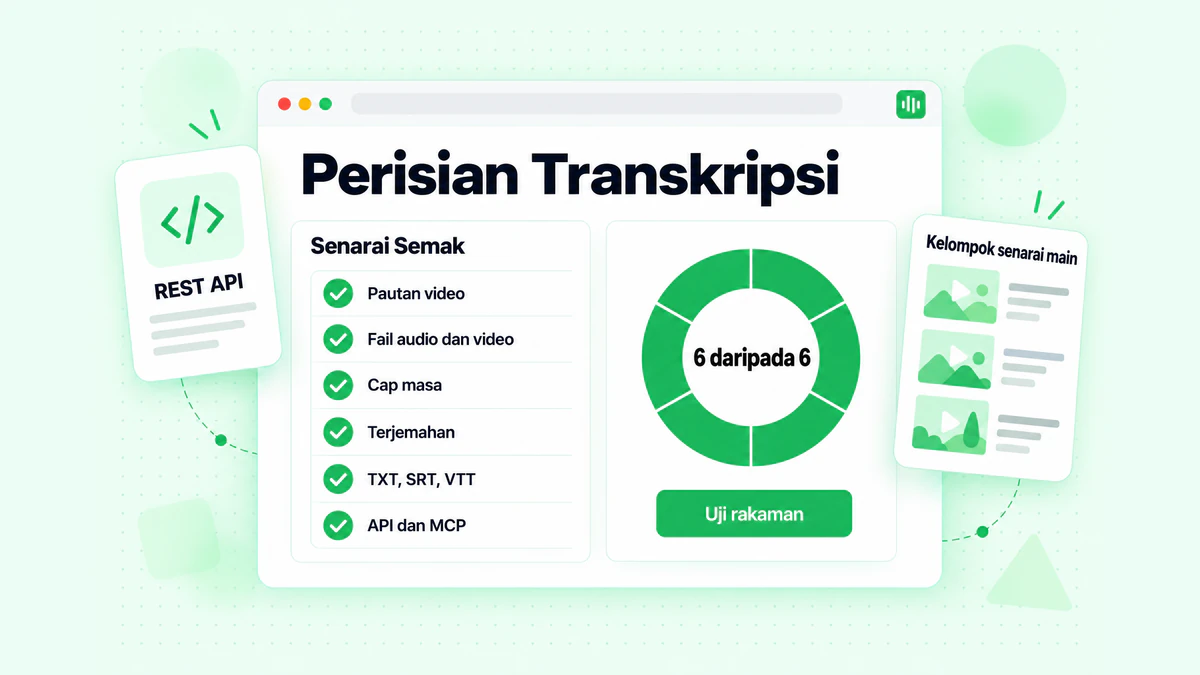 Senarai semak perisian transkripsi: sumber, format fail, cap masa, bahasa, pilihan eksport dan akses API